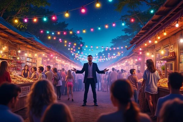 plongez dans l'ambiance envoûtante d'un marché nocturne unique, où les saveurs et les couleurs s'entremêlent. ne manquez pas le spectacle captivant d'hypnose qui émerveillera petits et grands, pour une soirée d'évasion et de magie inoubliable.