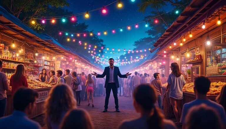 plongez dans l'ambiance envoûtante d'un marché nocturne unique, où les saveurs et les couleurs s'entremêlent. ne manquez pas le spectacle captivant d'hypnose qui émerveillera petits et grands, pour une soirée d'évasion et de magie inoubliable.